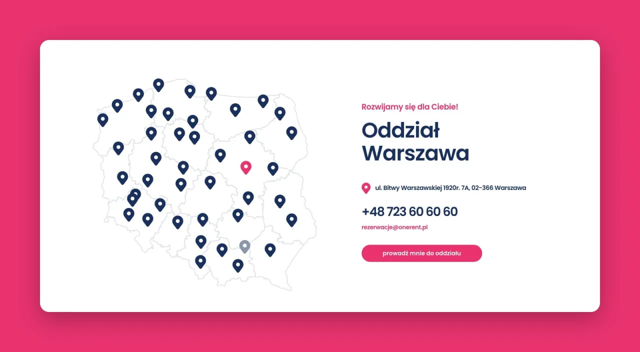 Mapa oddziałów ONE RENT z kartą oddziału Warszawa