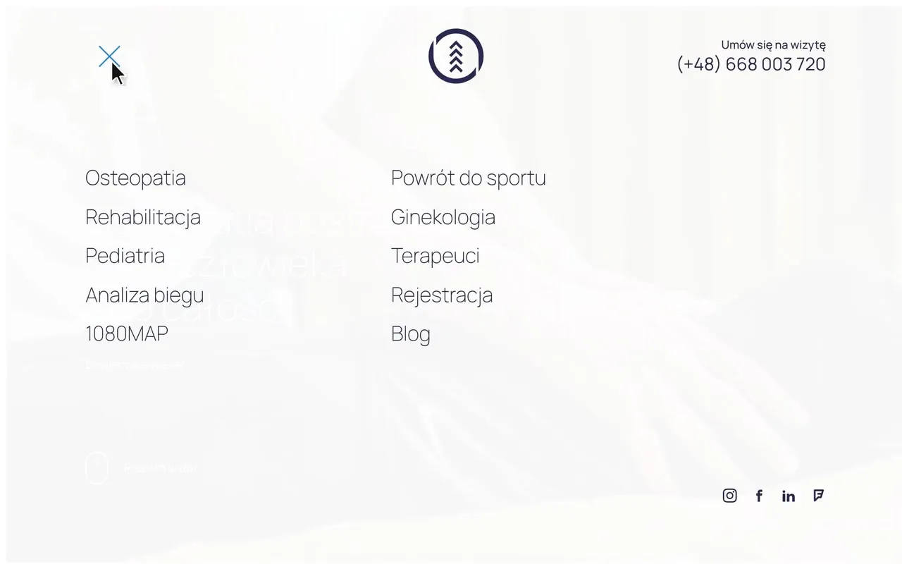 Pełnoekranowe menu strony osteocenter.pl z 7 usługami, podstronami Terapeuci, Rejestracja i Blog