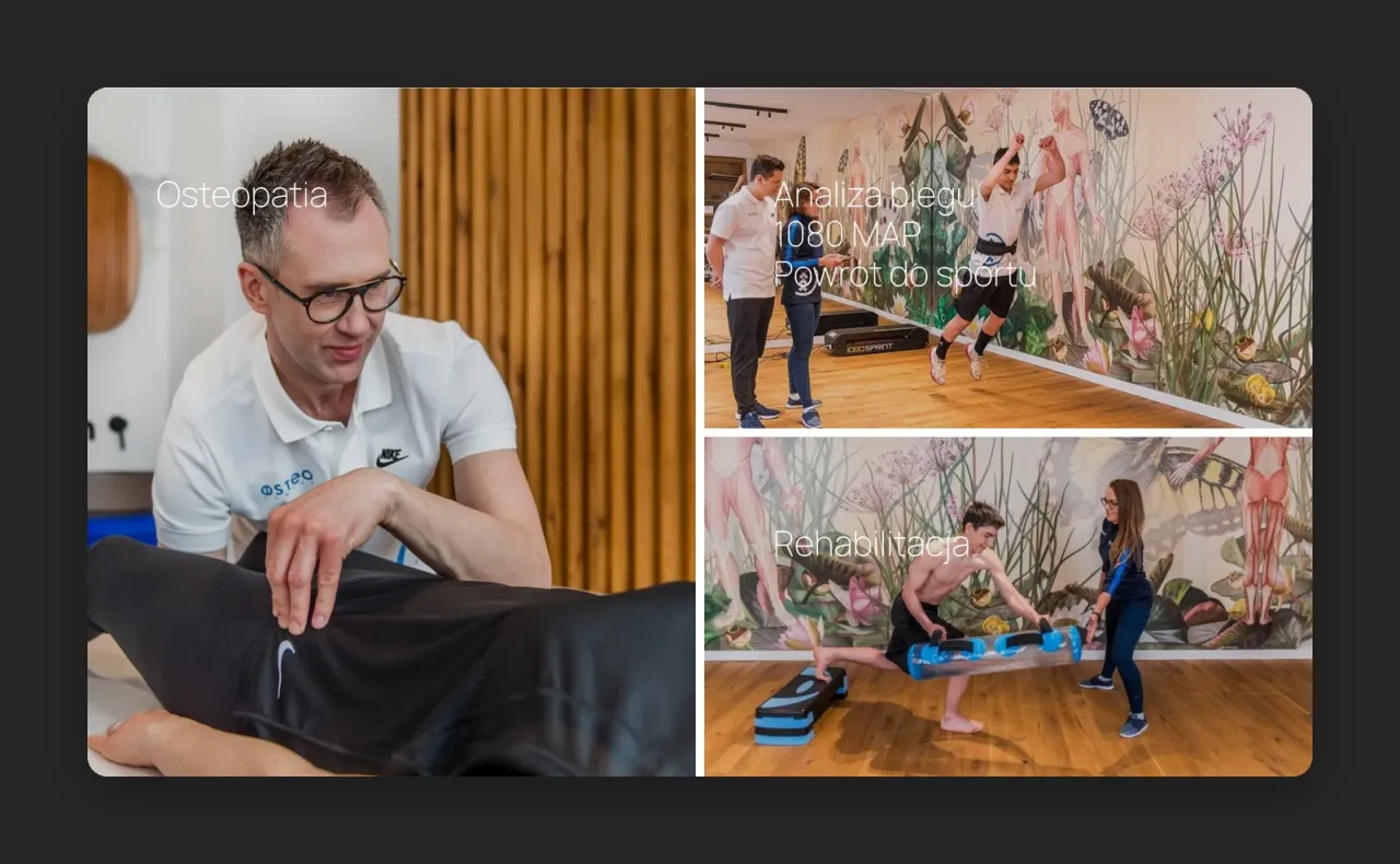 Kafelki oferty Osteo Center na stronie głównej: Osteopatia, Analiza biegu, 1080 MAP, Powrót do sportu, Rehabilitacja