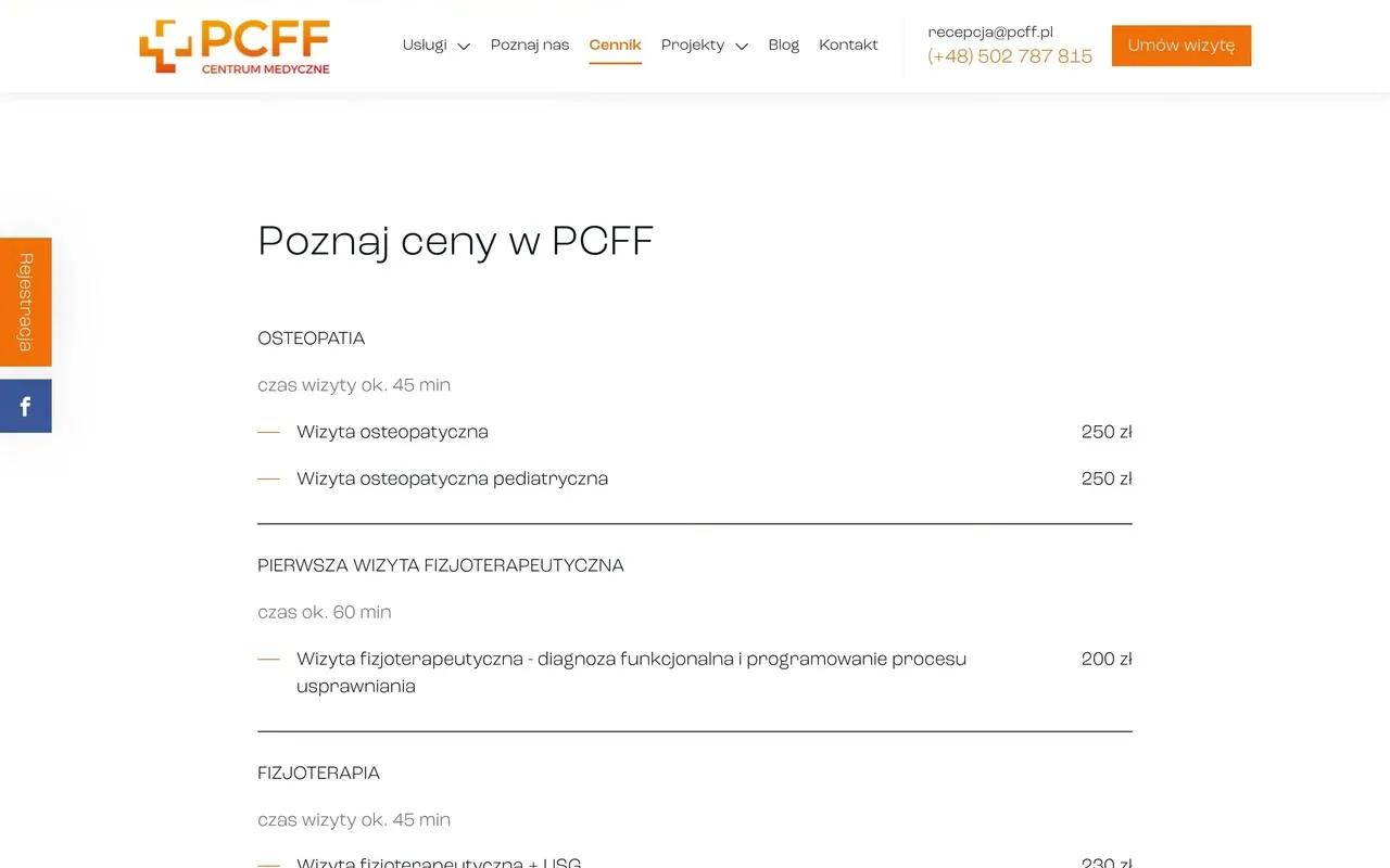 Cennik osteopatii i fizjoterapii na pcff.pl z czasem wizyty i cenami