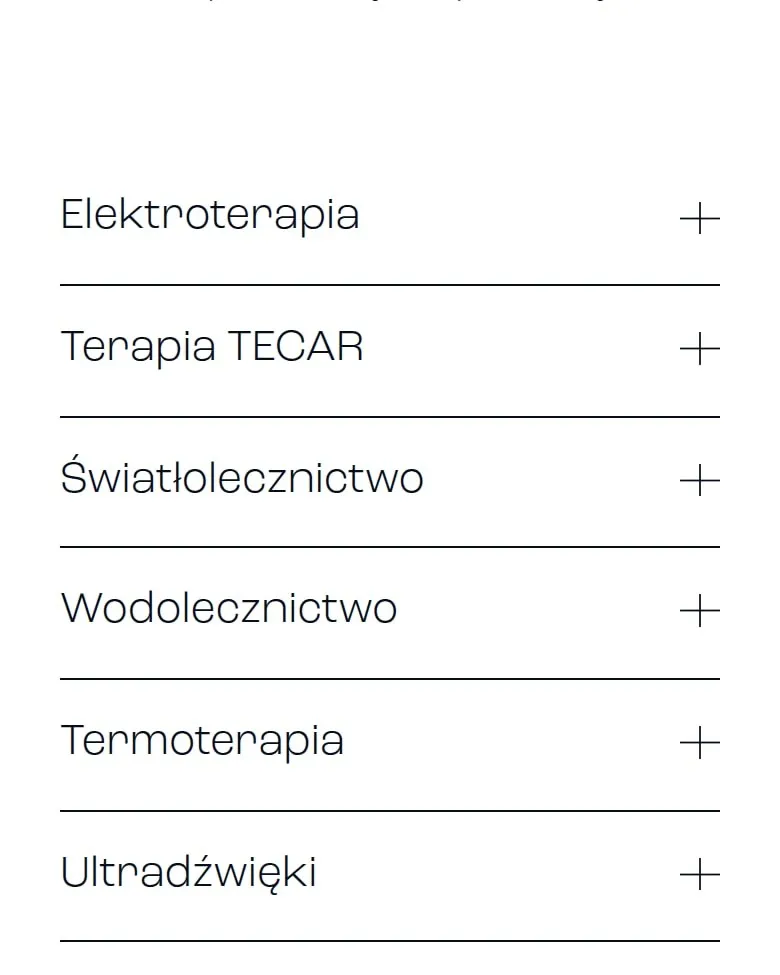 Lista zabiegów fizykalnych z rozwijanymi opisami na telefonie