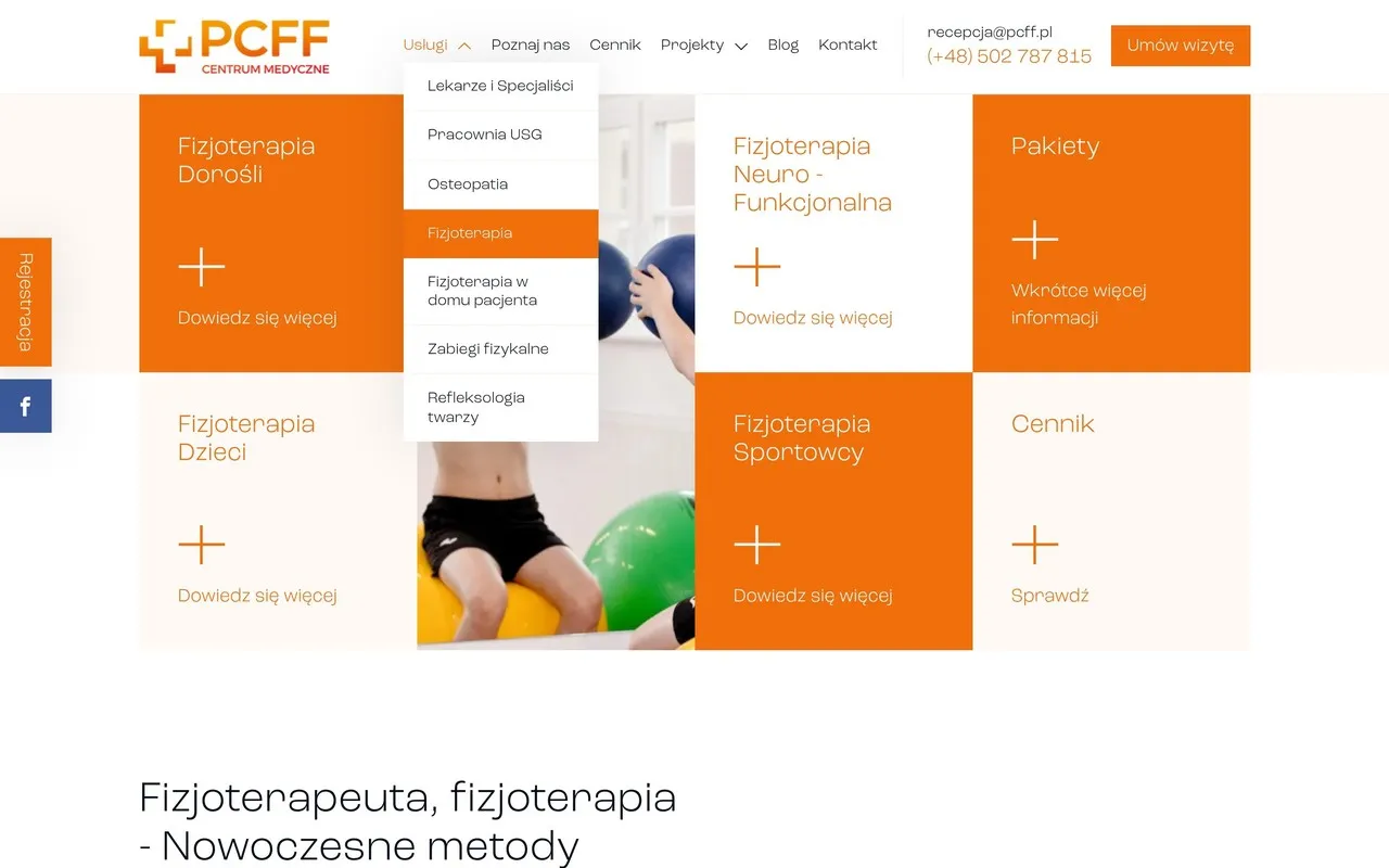 Rozwinięte menu „Usługi” na podstronie Fizjoterapia pcff.pl z 7 usługami