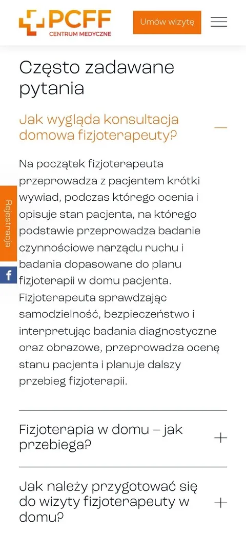 Rozwinięta odpowiedź w sekcji pytań na podstronie Fizjoterapia w domu pacjenta na telefonie