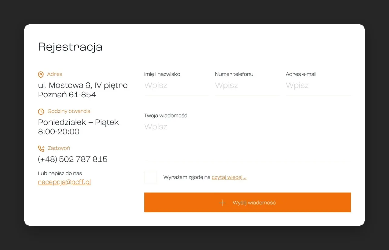 Podstrona Rejestracja na pcff.pl: adres, godziny otwarcia, telefon i formularz