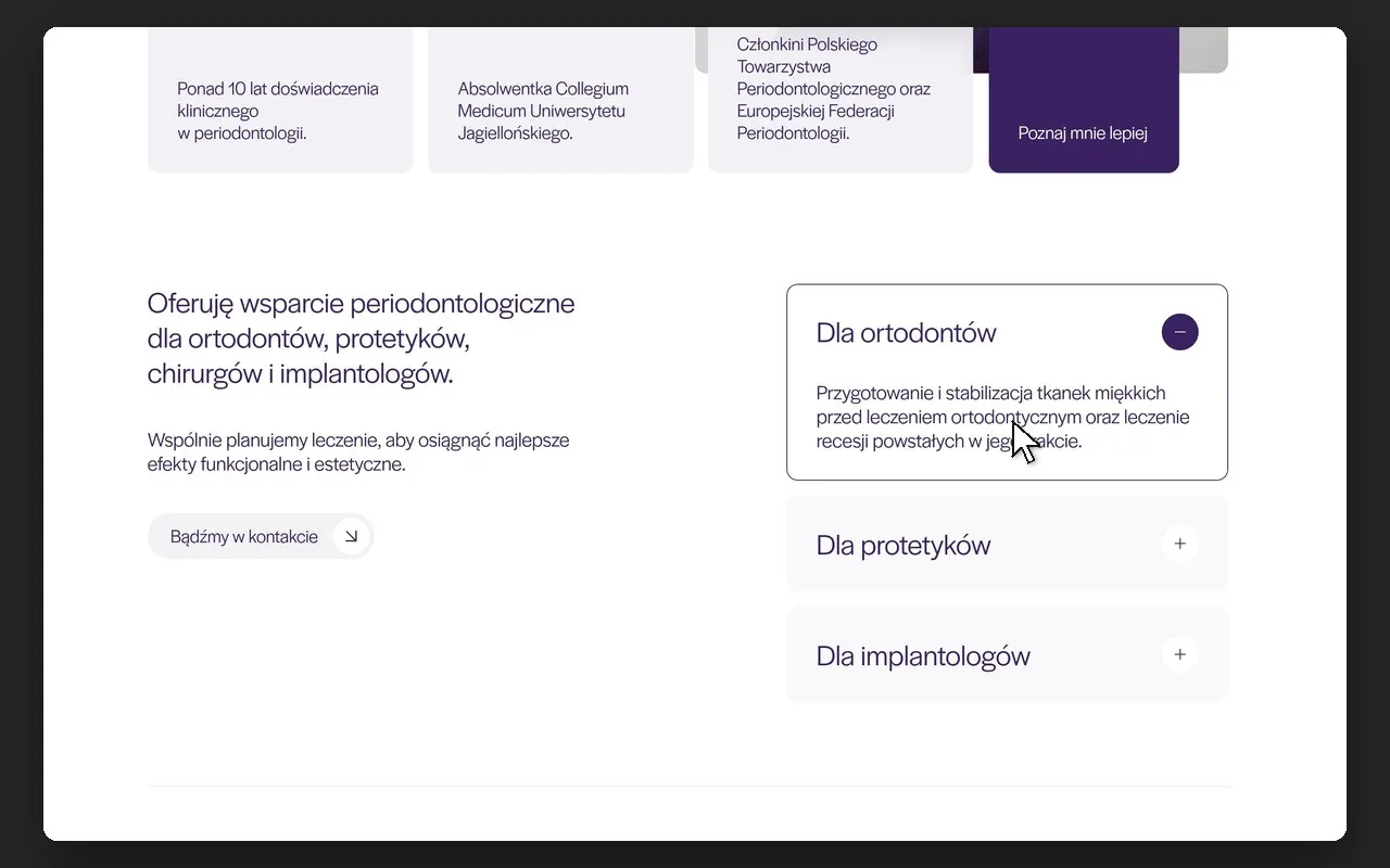 Otwarta zakładka „Dla ortodontów” w akordeonie na stronie periostacja.pl