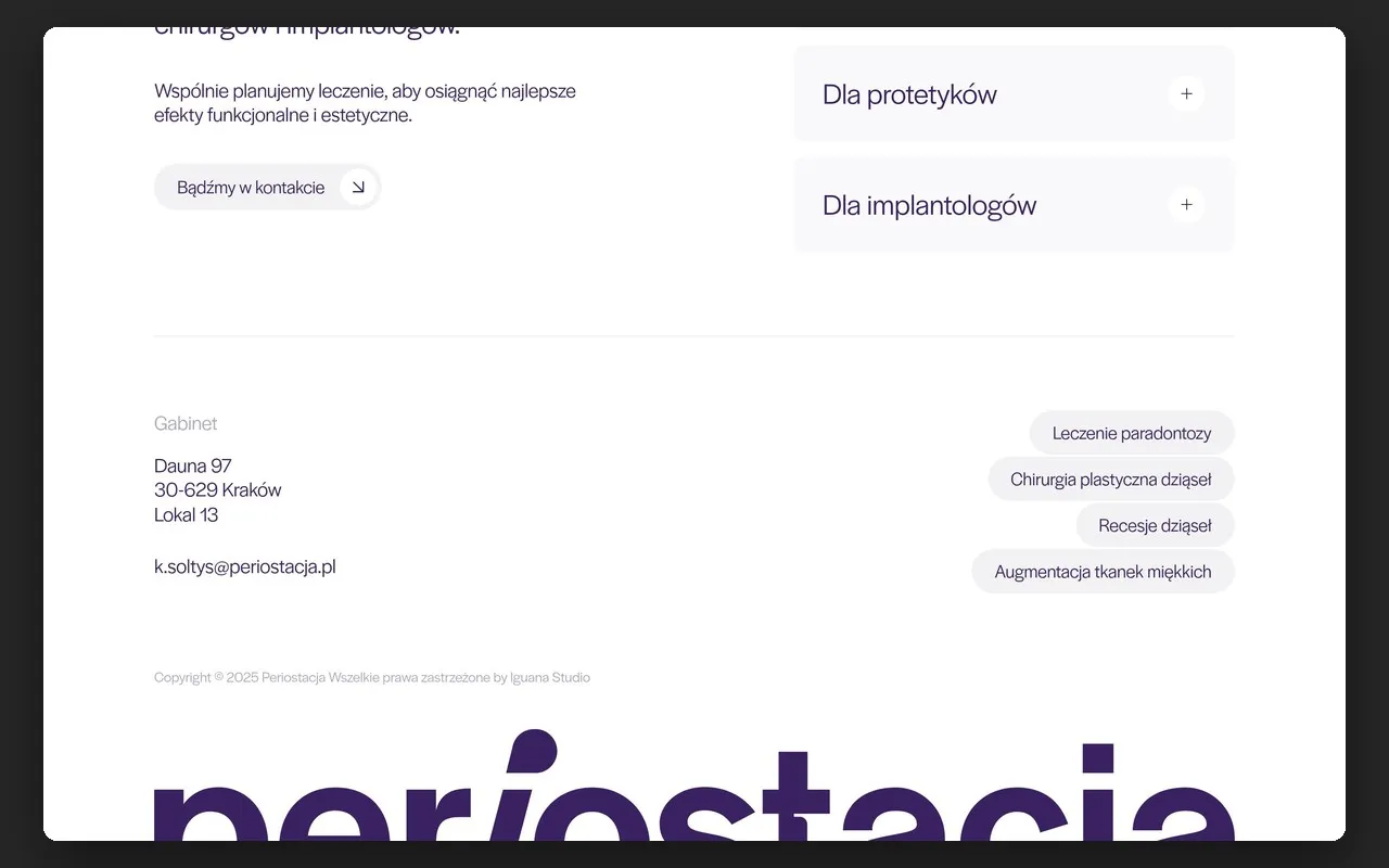 Stopka strony periostacja.pl z adresem gabinetu i 4 obszarami leczenia