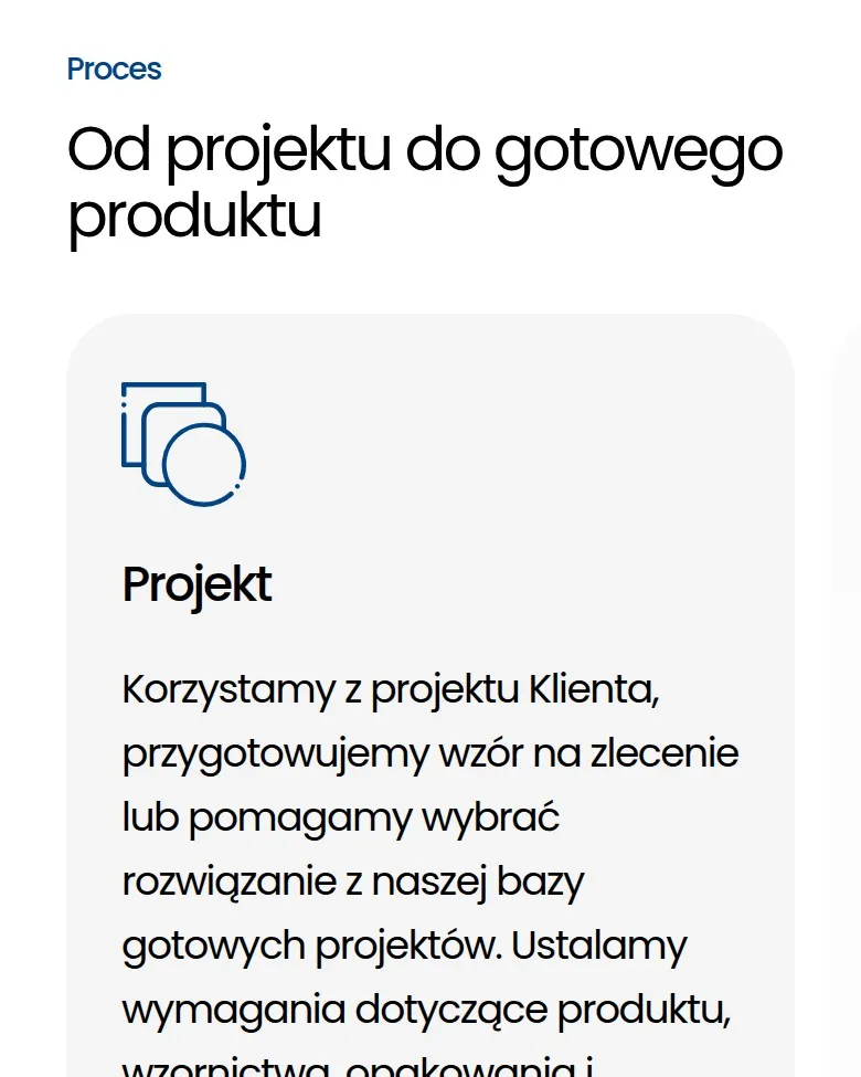Sekcja „Od projektu do gotowego produktu” na stronie „Produkcja na zlecenie i Private Label”
