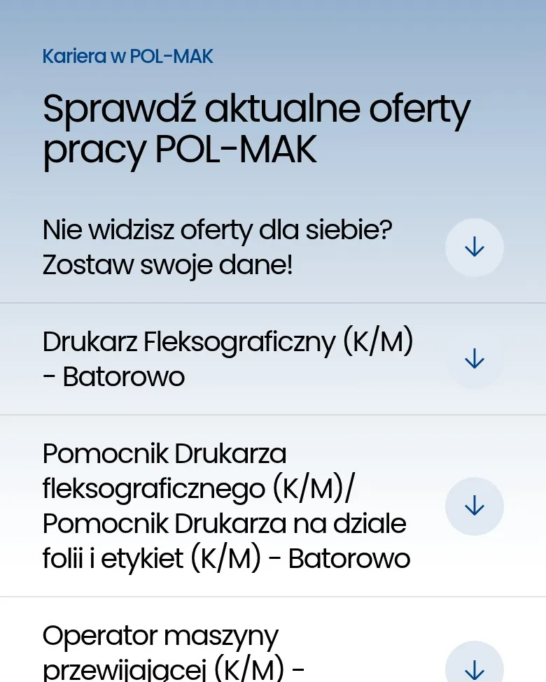 Lista aktualnych ofert pracy na podstronie „Kariera”