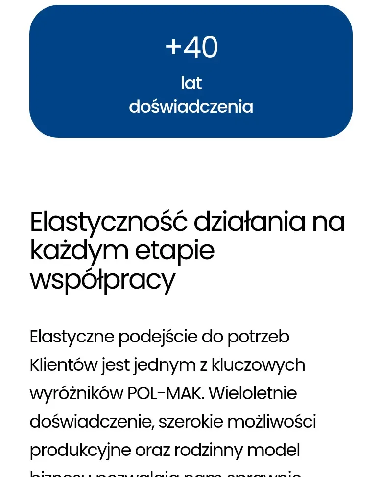 Podstrona „Co nas wyróżnia?” z wyróżnieniem „+40 lat doświadczenia”