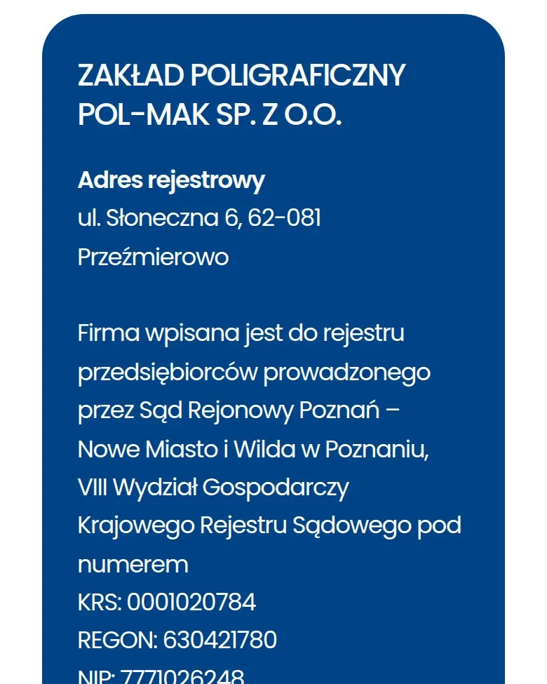 Dane rejestrowe Zakładu Poligraficznego POL-MAK na podstronie „Kontakt”