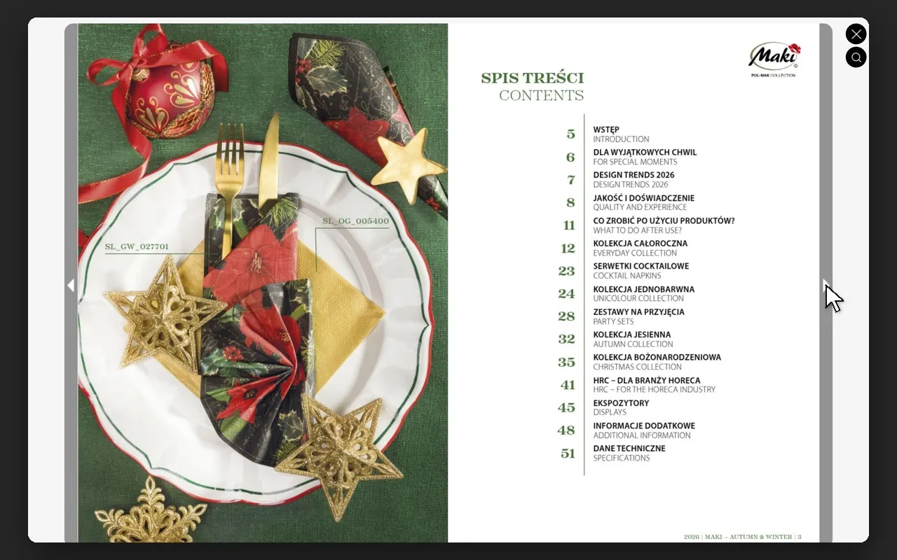 Katalog serwetek Maki otwarty w przeglądarce w trybie magazynu na stronie POL-MAK