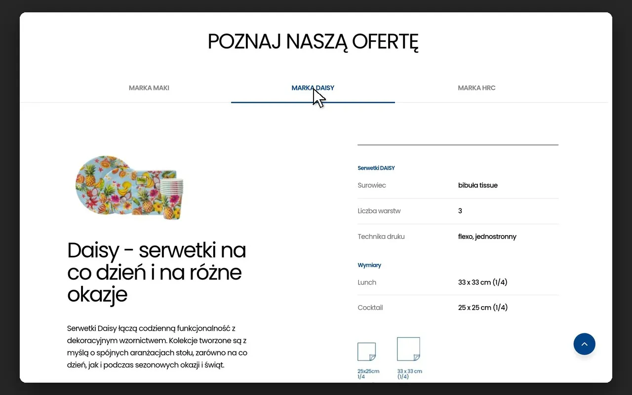 Zakładki „Marka Maki”, „Marka Daisy” i „Marka HRC” z tabelą parametrów serwetek