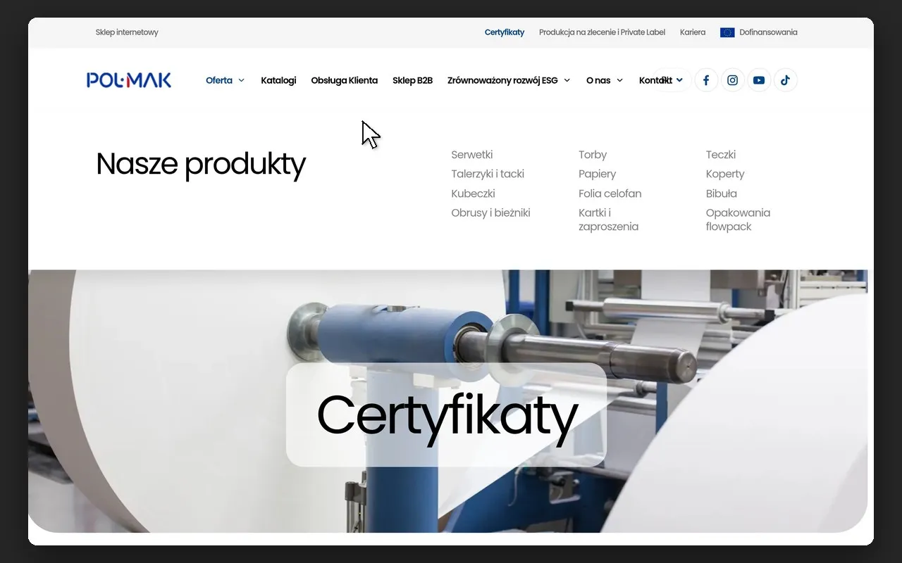 Rozwinięte menu „Oferta” z 12 kategoriami produktów na stronie POL-MAK