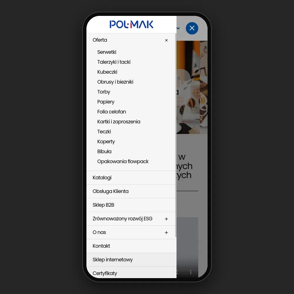 Menu „Oferta” strony POL-MAK na telefonie