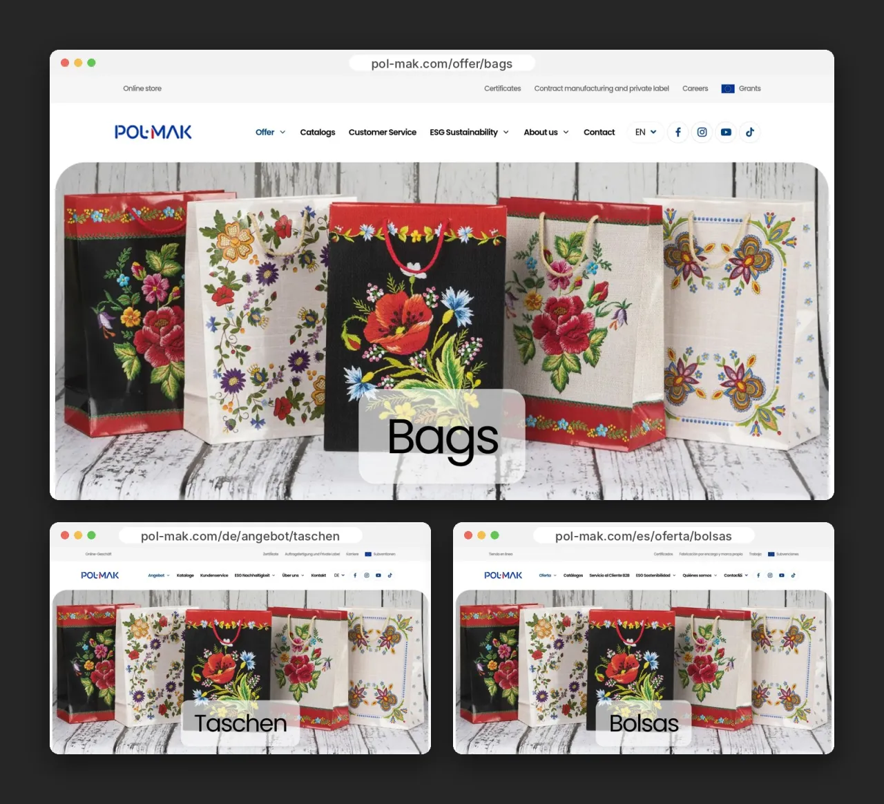 Kategoria „Torby” w angielskiej, niemieckiej i hiszpańskiej wersji strony POL-MAK