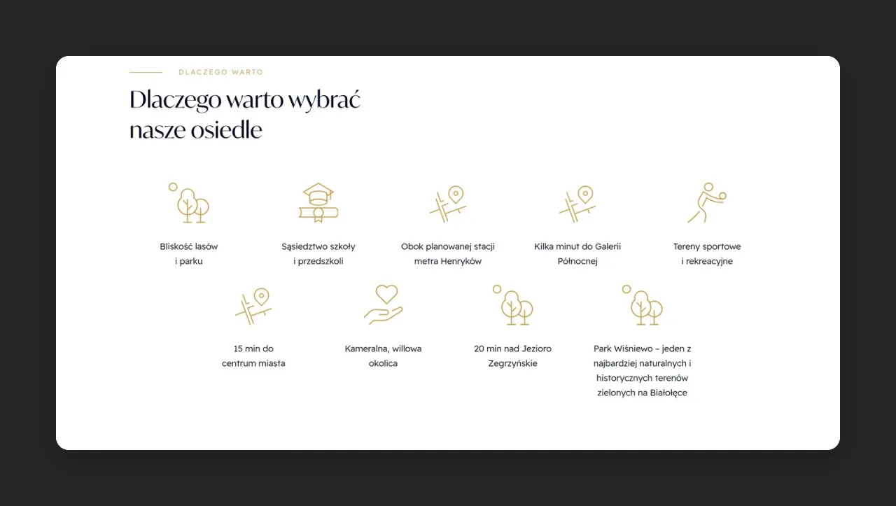 Sekcja „Dlaczego warto wybrać nasze osiedle” z 9 ikonami atutów Park Residence