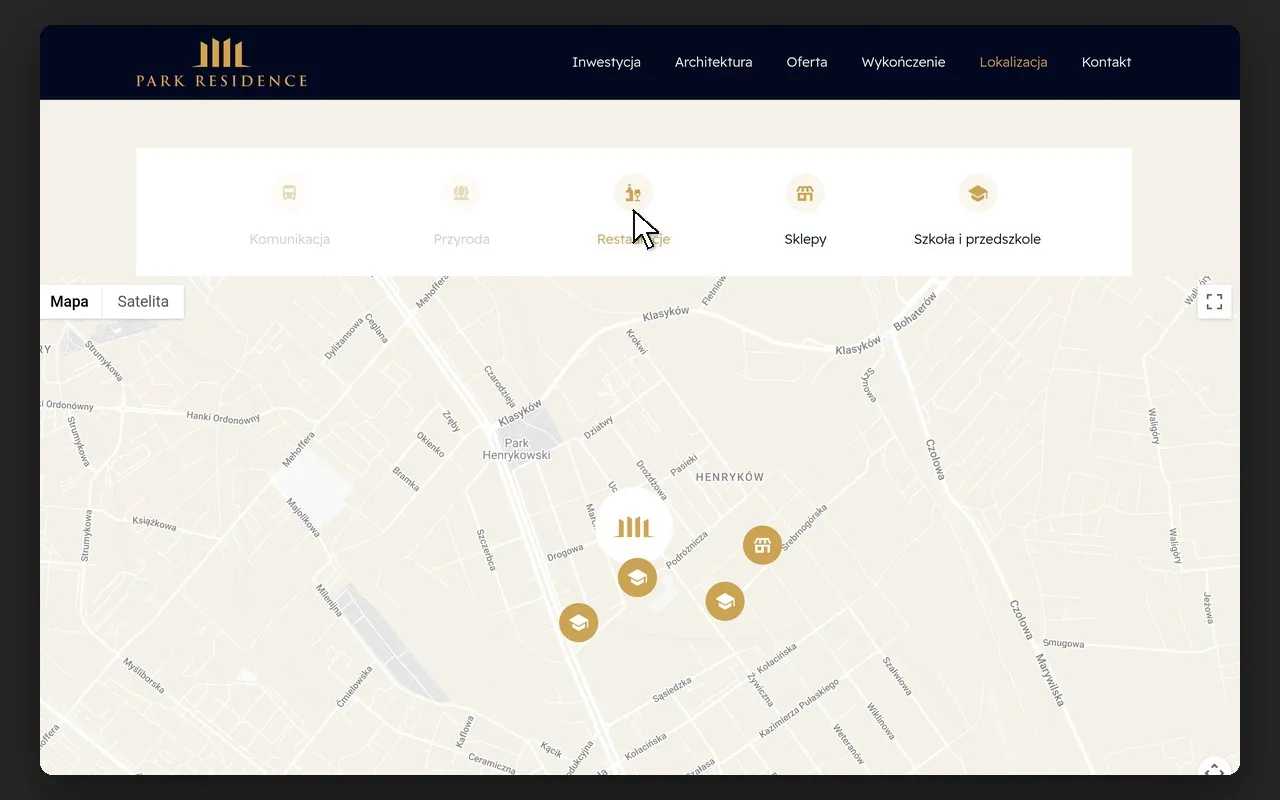 Mapa okolicy Park Residence z filtrami kategorii miejsc