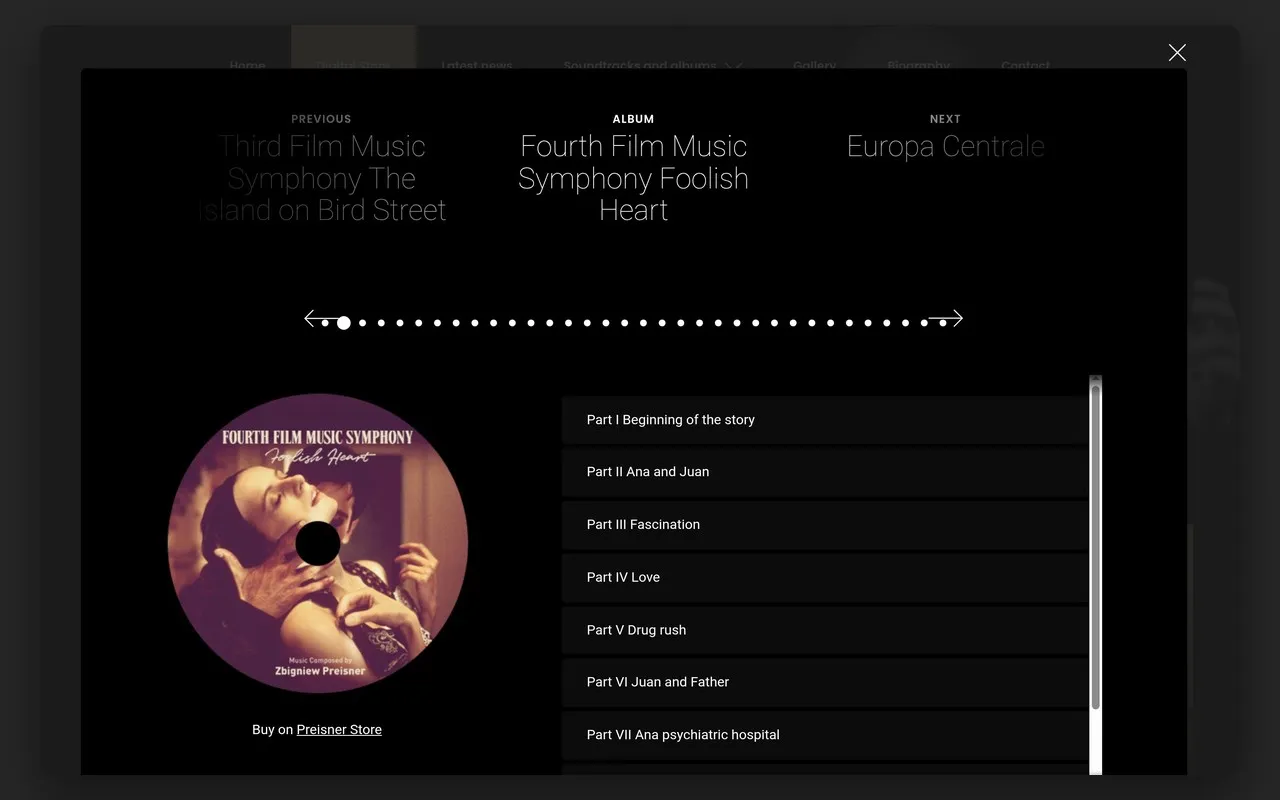 Okno albumu „Fourth Film Music Symphony Foolish Heart” z listą utworów na preisner.com