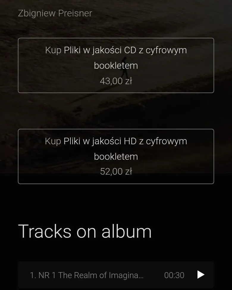 Przyciski wersji CD i HD oraz lista utworów w sklepie na telefonie