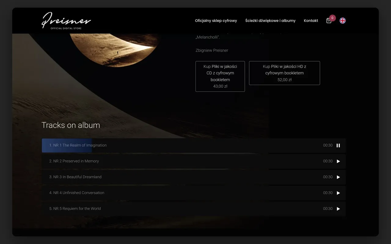Karta albumu „Melancholy” w sklepie store.preisner.com z odtwarzanym fragmentem utworu