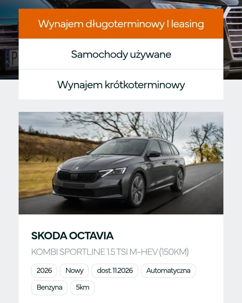 Zakładki rodzajów oferty na telefonie: wynajem długoterminowy i leasing, samochody używane, wynajem krótkoterminowy