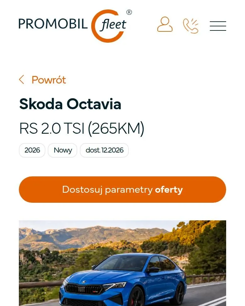 Strona samochodu Skoda Octavia RS na telefonie