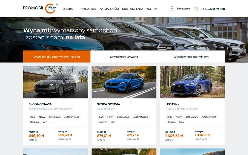 Strona główna promobilfleet.pl z ofertą samochodów na komputerze