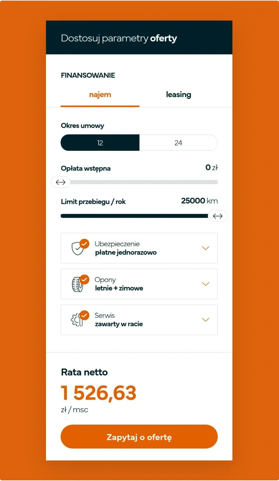 Kalkulator raty na promobilfleet.pl: najem lub leasing, okres umowy, opłata wstępna, limit przebiegu, ubezpieczenie, opony, serwis i rata netto