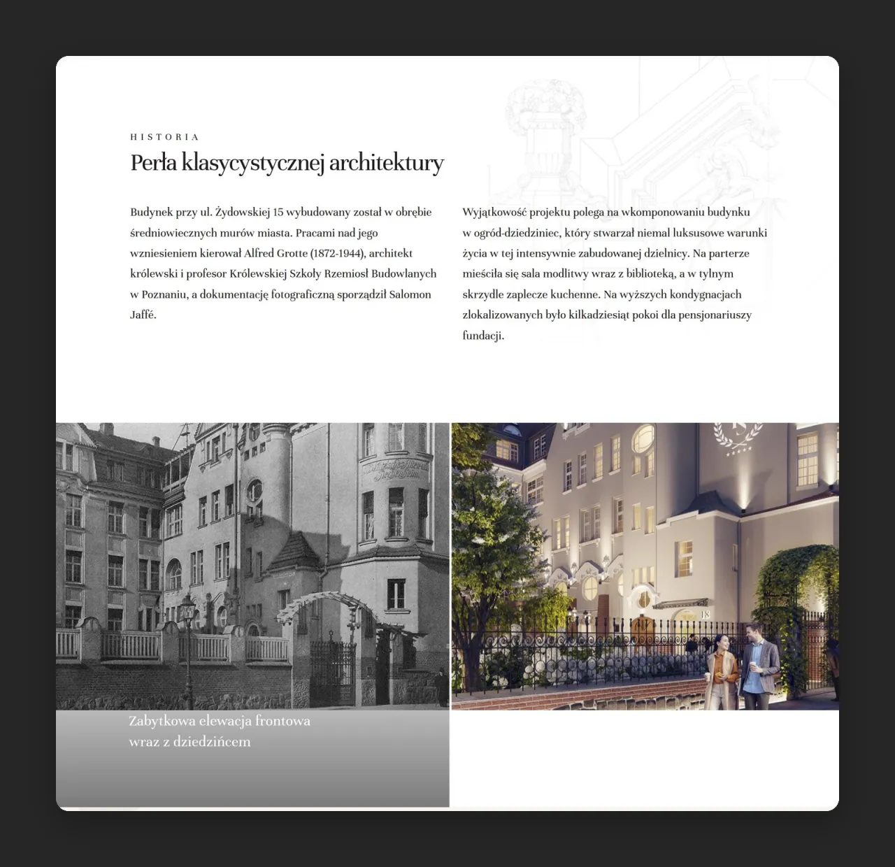 Podstrona Baza wiedzy: historia kamienicy, archiwalne zdjęcie elewacji i nocna wizualizacja