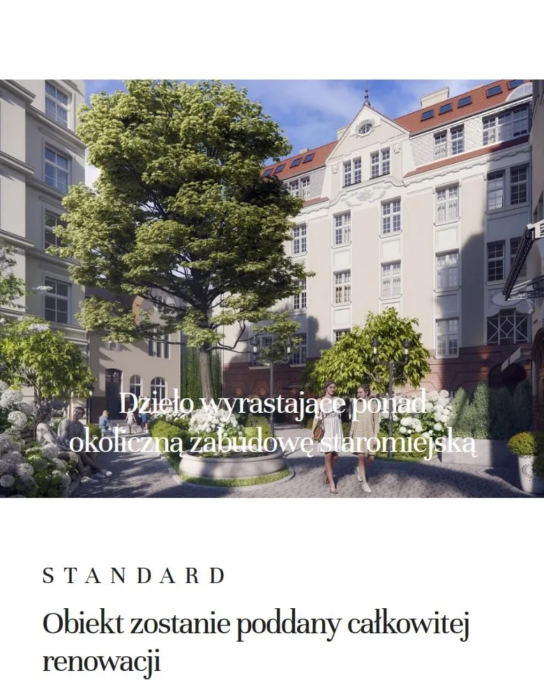 Wizualizacja kamienicy i sekcja „Standard” na telefonie