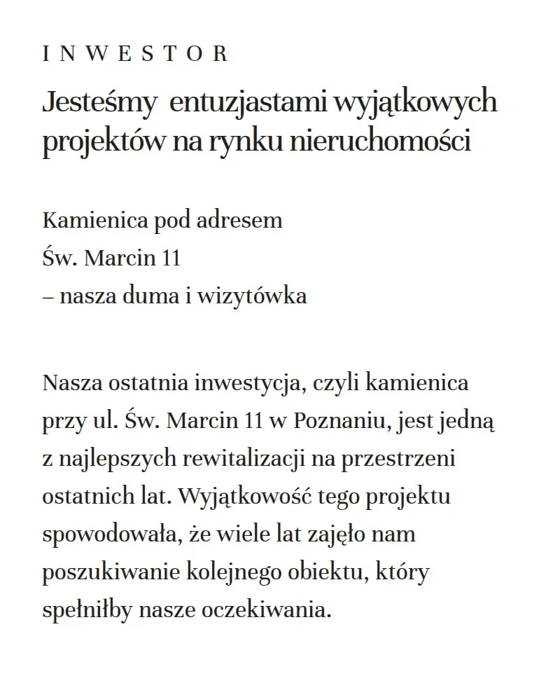 Sekcja „Inwestor” na stronie głównej projektstaromiejski.pl na telefonie: opis inwestora i kamienicy przy ul. Św. Marcin 11