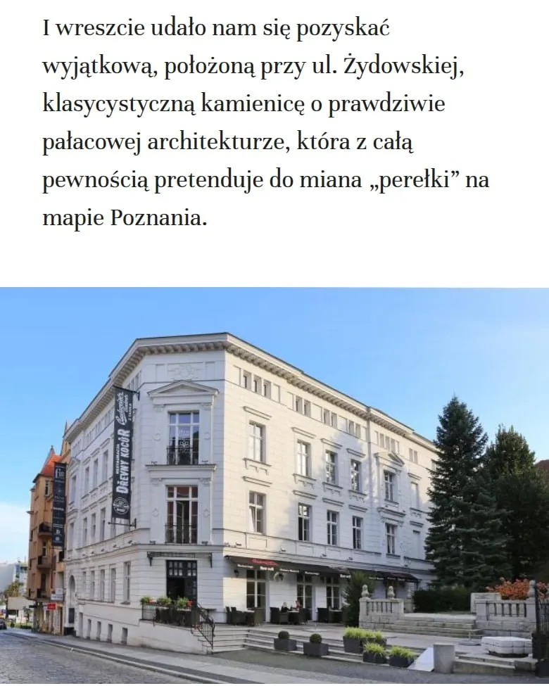 Sekcja „Inwestor” na stronie głównej na telefonie: opis kamienicy przy ul. Żydowskiej i zdjęcie odnowionej kamienicy
