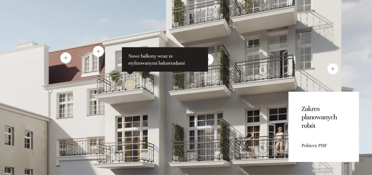 Wizualizacja kamienicy Projekt Staromiejski z opisem nowych balkonów ze stylizowanymi balustradami