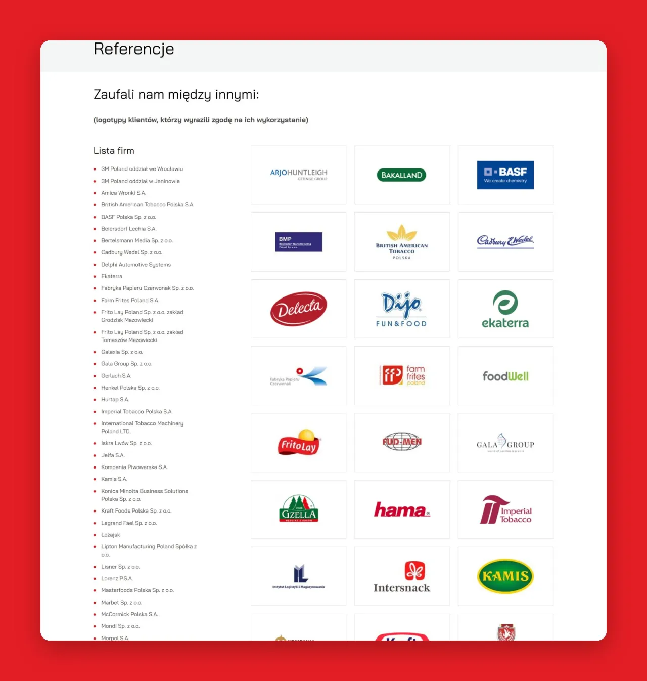 Podstrona Referencje z logotypami i listą firm