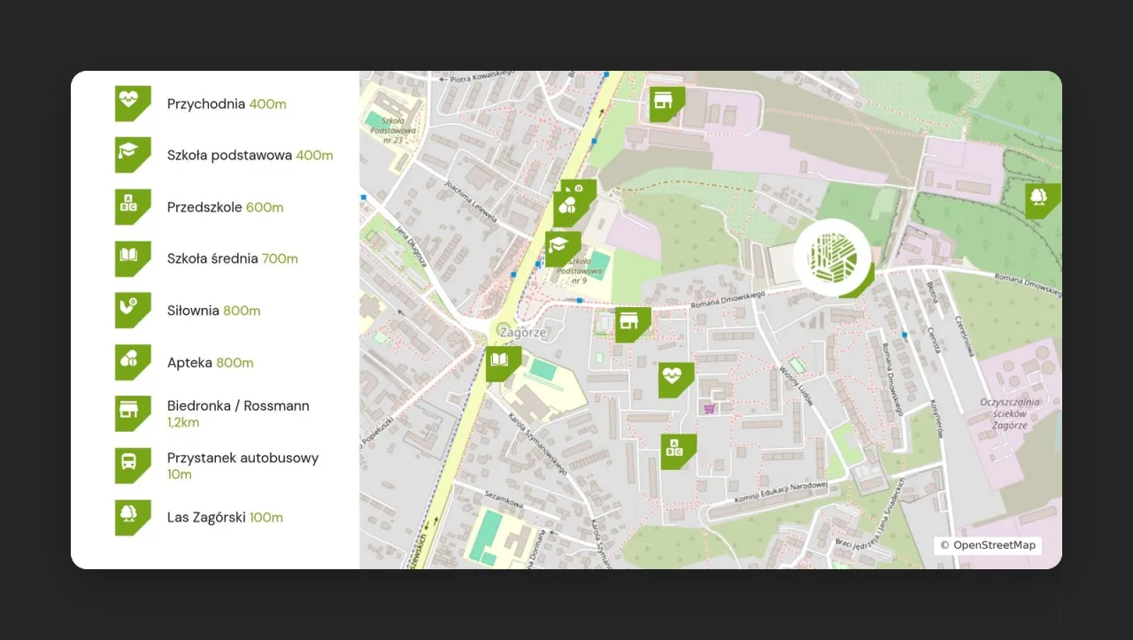 Lista miejsc w okolicy Park Zagórski z odległościami i mapa z ikonami