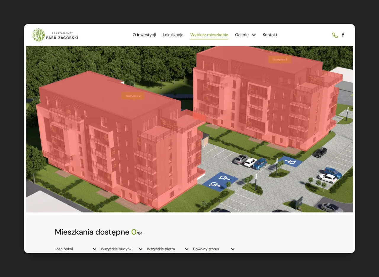 Wizualizacja dwóch budynków Park Zagórski z piętrami w kolorze statusu i licznikiem 0/64