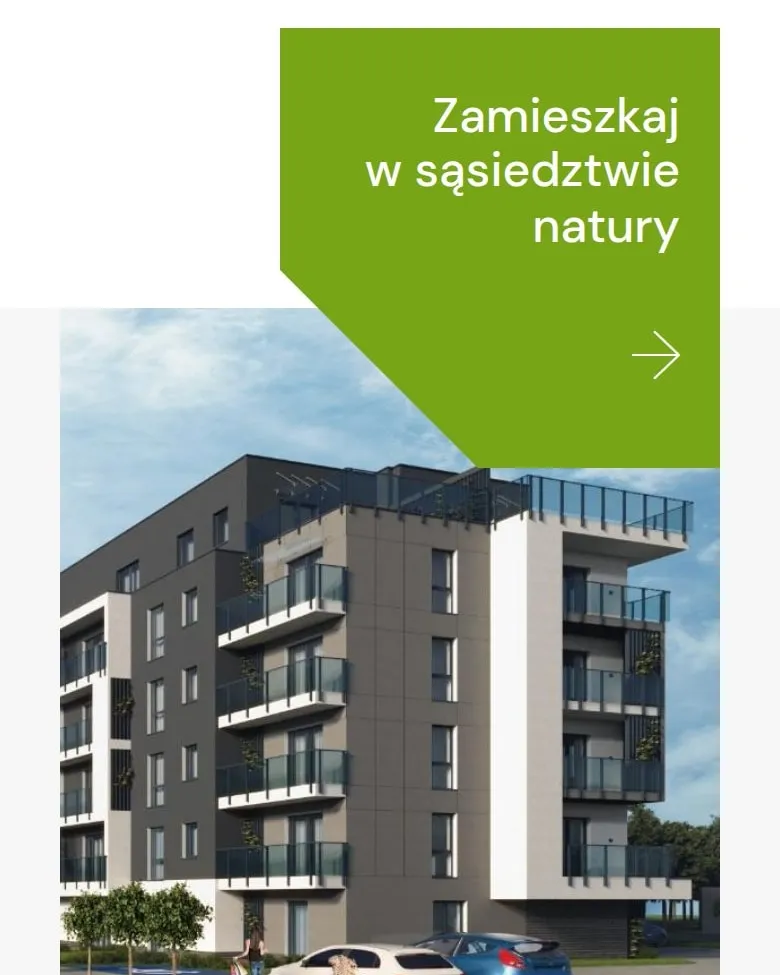 Sekcja „Zamieszkaj w sąsiedztwie natury” z wizualizacją budynku na telefonie