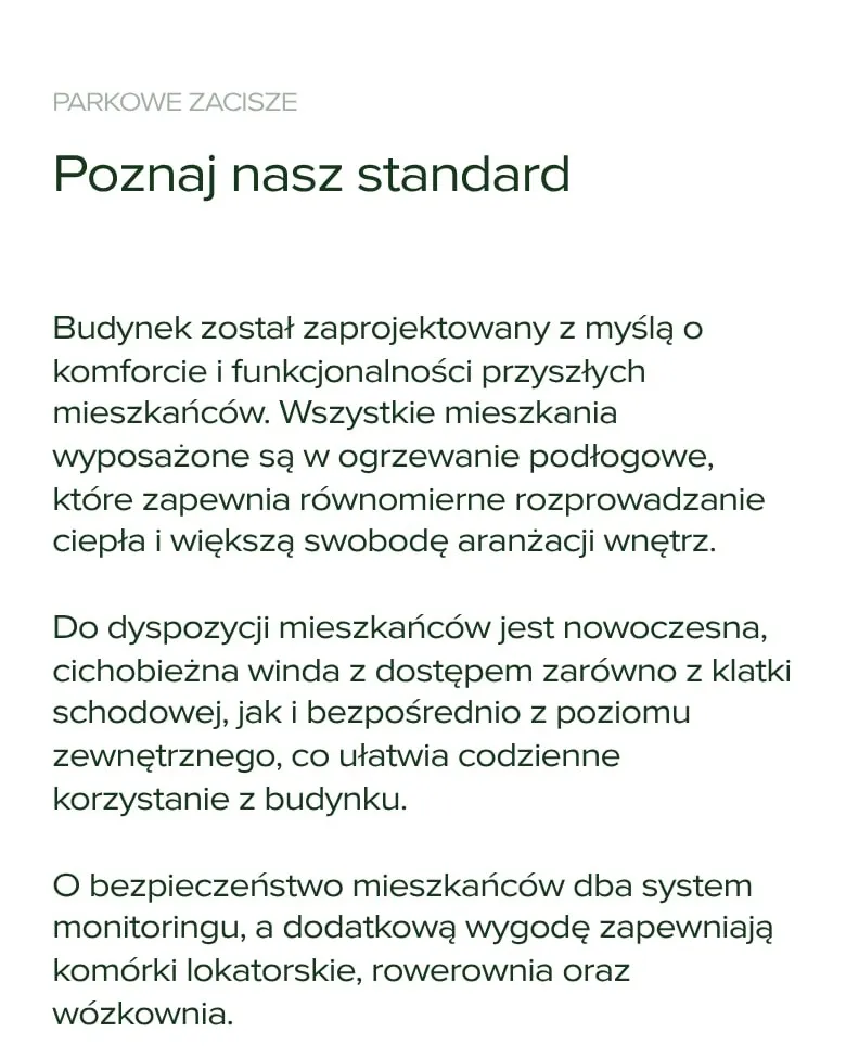 Sekcja „Poznaj nasz standard” na podstronie o inwestycji na telefonie