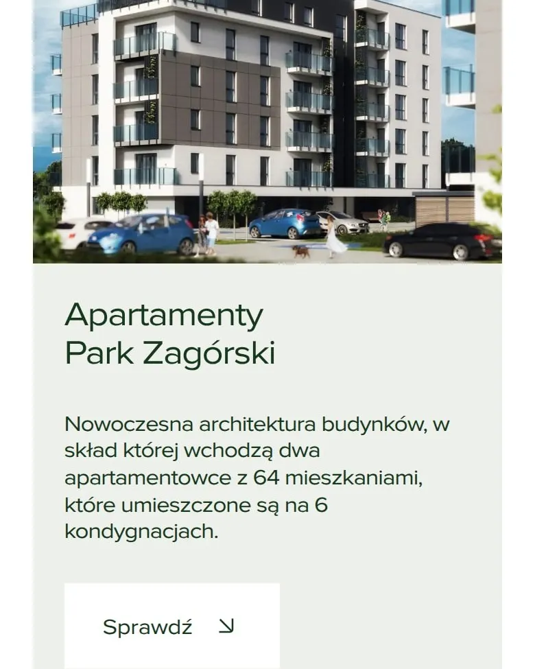 Podstrona „Nasze inwestycje” z kartą Apartamentów Park Zagórski na telefonie
