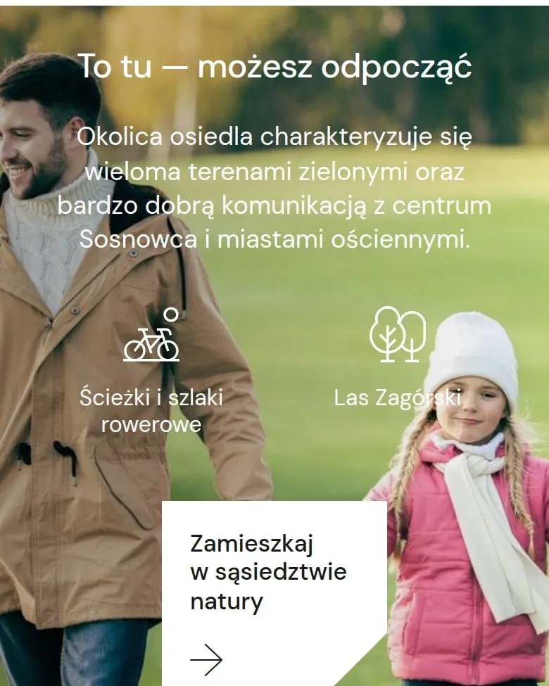 Sekcja „To tu – możesz odpocząć” o okolicy osiedla na telefonie