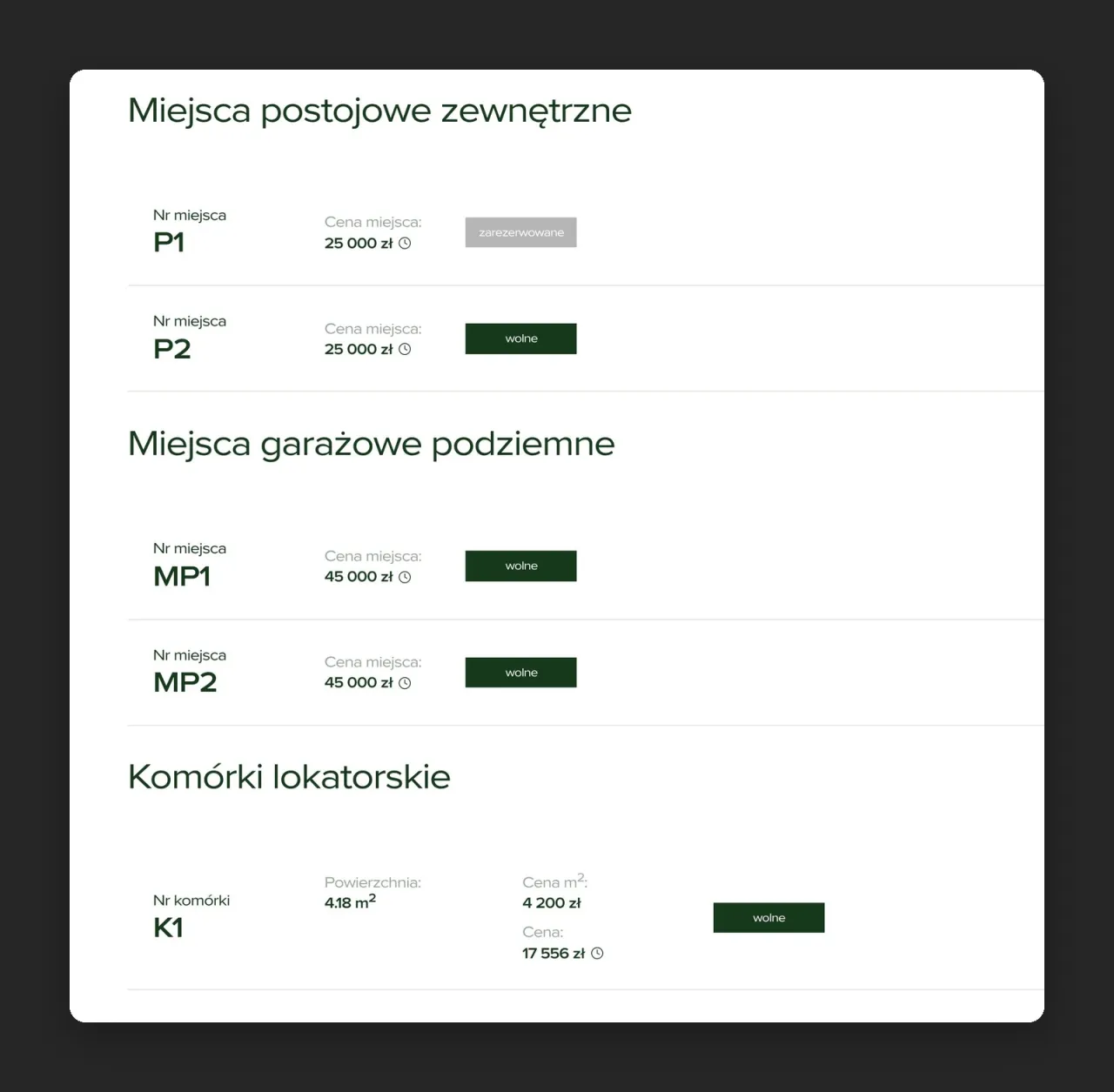 Listy miejsc postojowych zewnętrznych, miejsc garażowych i komórek lokatorskich z cenami i statusami