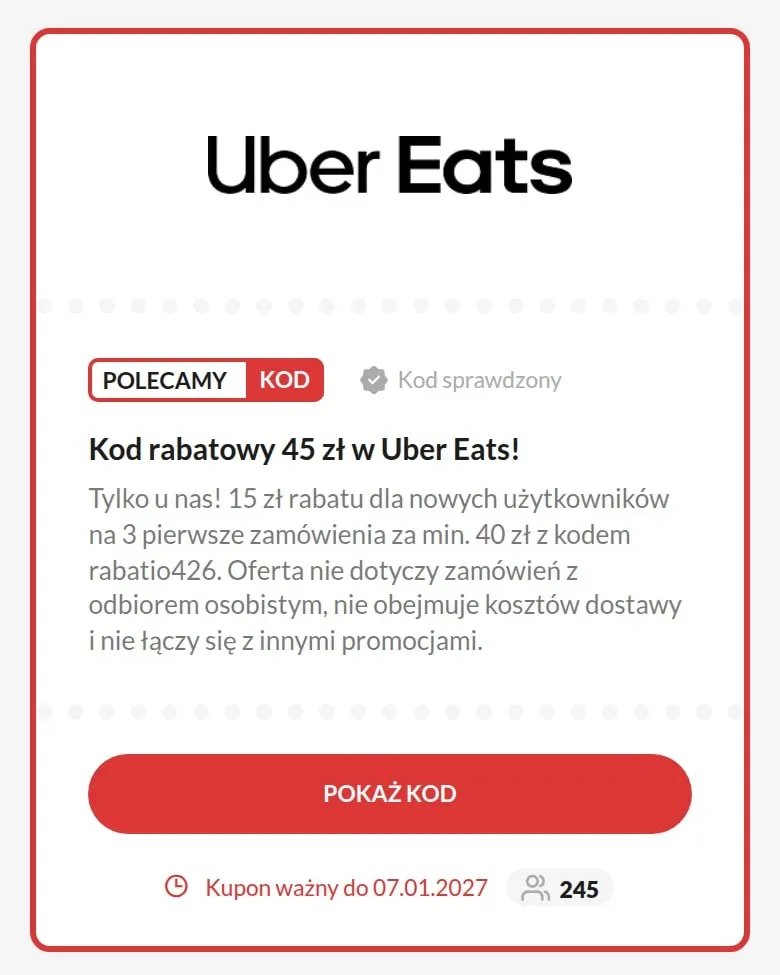 Wyróżniona karta kuponu z etykietą „Polecamy” i przyciskiem „Pokaż kod” na telefonie