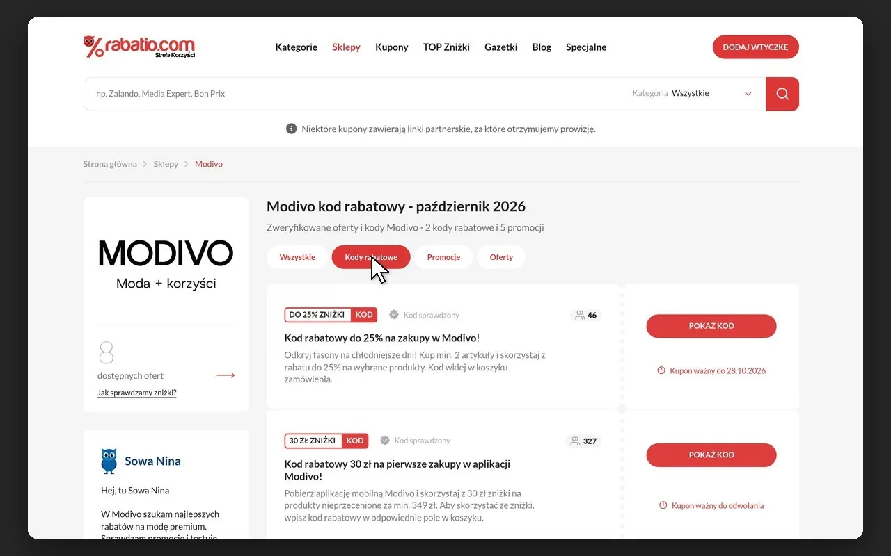 Strona sklepu na rabatio.com z zakładkami „Wszystkie”, „Kody rabatowe”, „Promocje” i „Oferty”