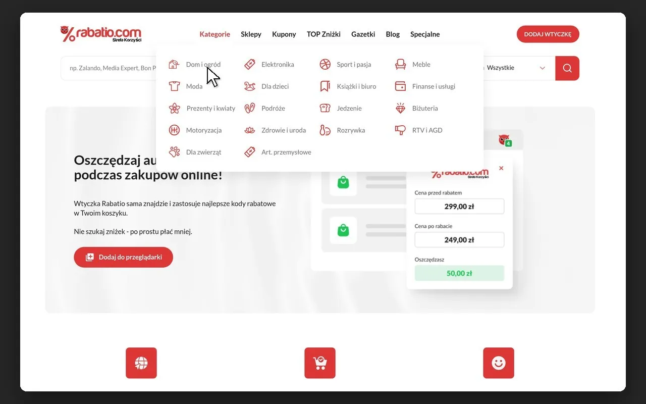 Rozwinięte menu „Kategorie” z 18 kategoriami kuponów na rabatio.com