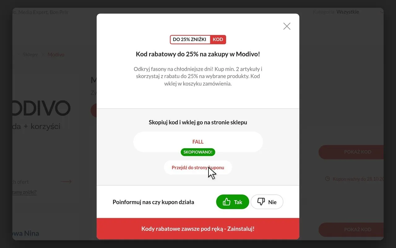 Okno kodu rabatowego na rabatio.com z potwierdzeniem „Skopiowano!”