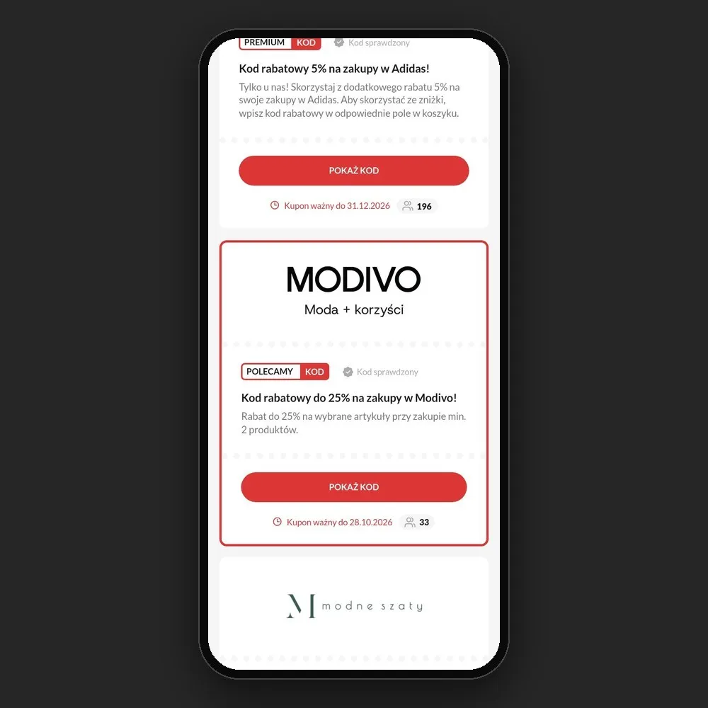Lista kuponów w kategorii „Moda” na rabatio.com na telefonie