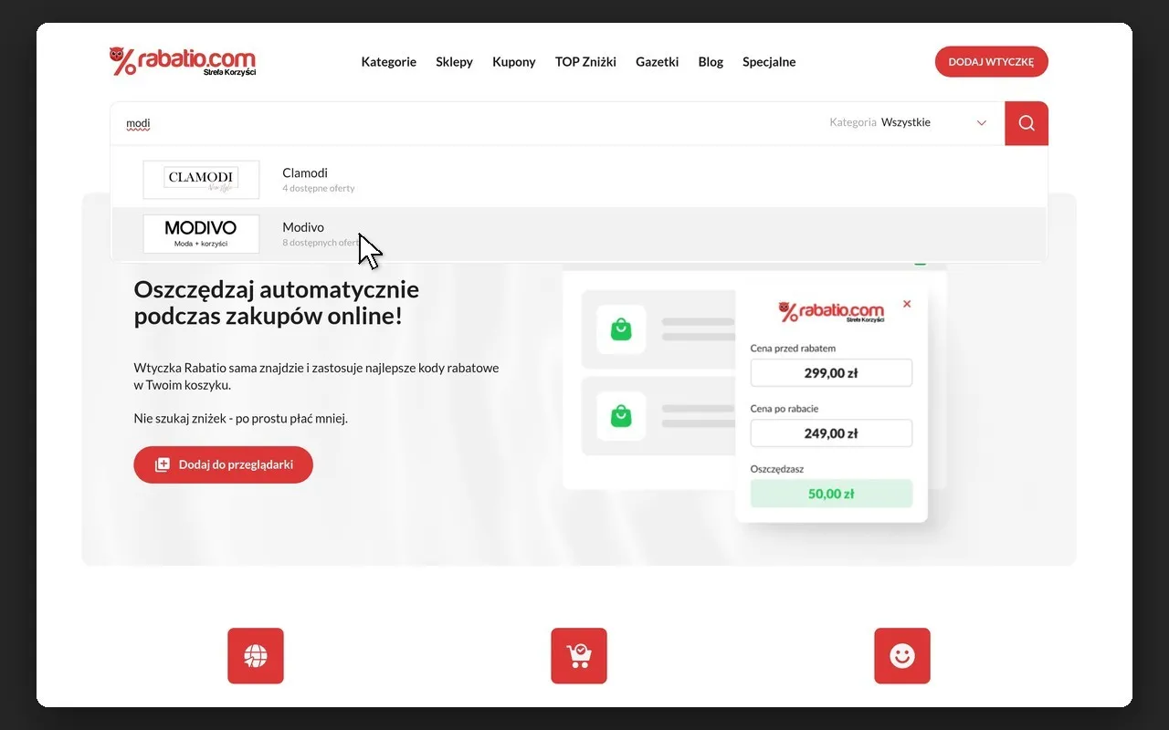Wyszukiwarka rabatio.com z podpowiedziami sklepów po wpisaniu „modi”
