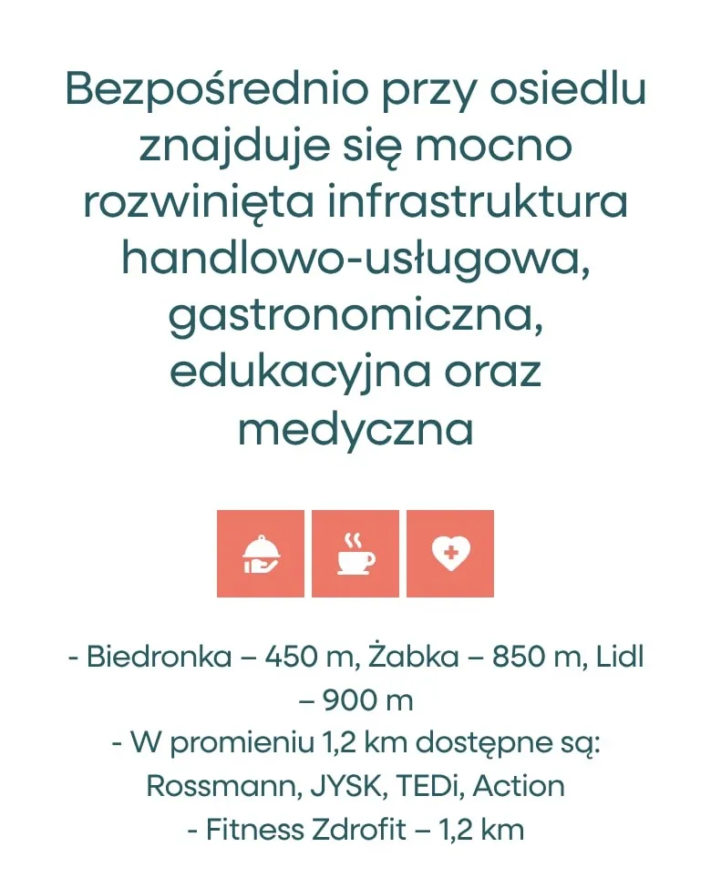 Infrastruktura w okolicy osiedla z odległościami do sklepów na telefonie