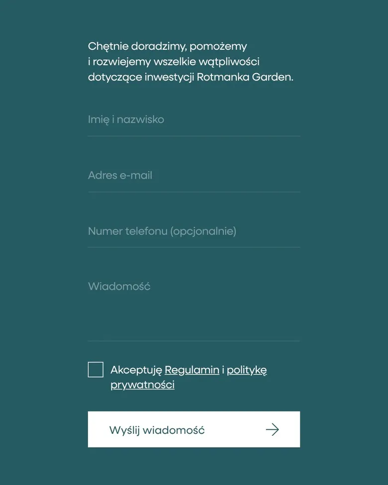 Formularz kontaktowy Rotmanka Garden na telefonie