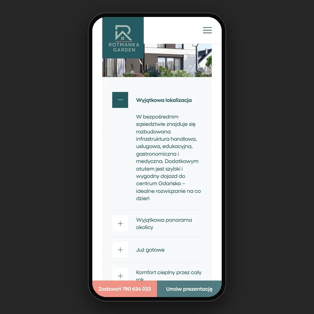 Rozwinięta zaleta „Wyjątkowa lokalizacja” na stronie Rotmanka Garden na telefonie